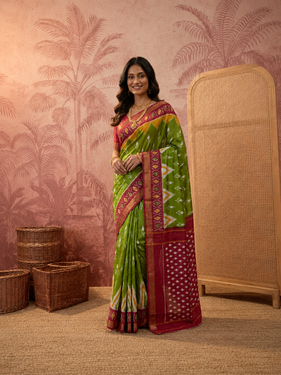 Elegant Pure Cotton Green & Magenta Printed Saree with Contrast Border