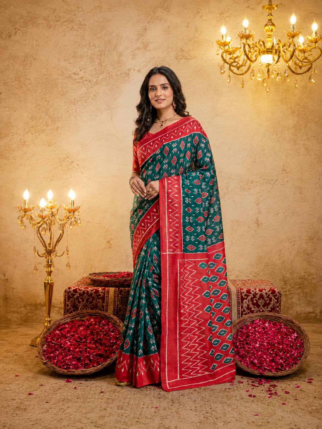 Rama green ikkat print cotton saree with blouse