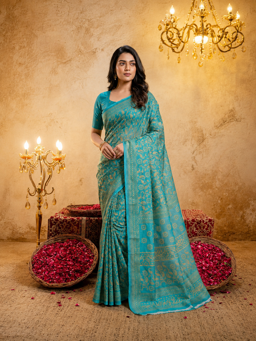 Sea Blue Cotten Saree with Golden Paisley Prints