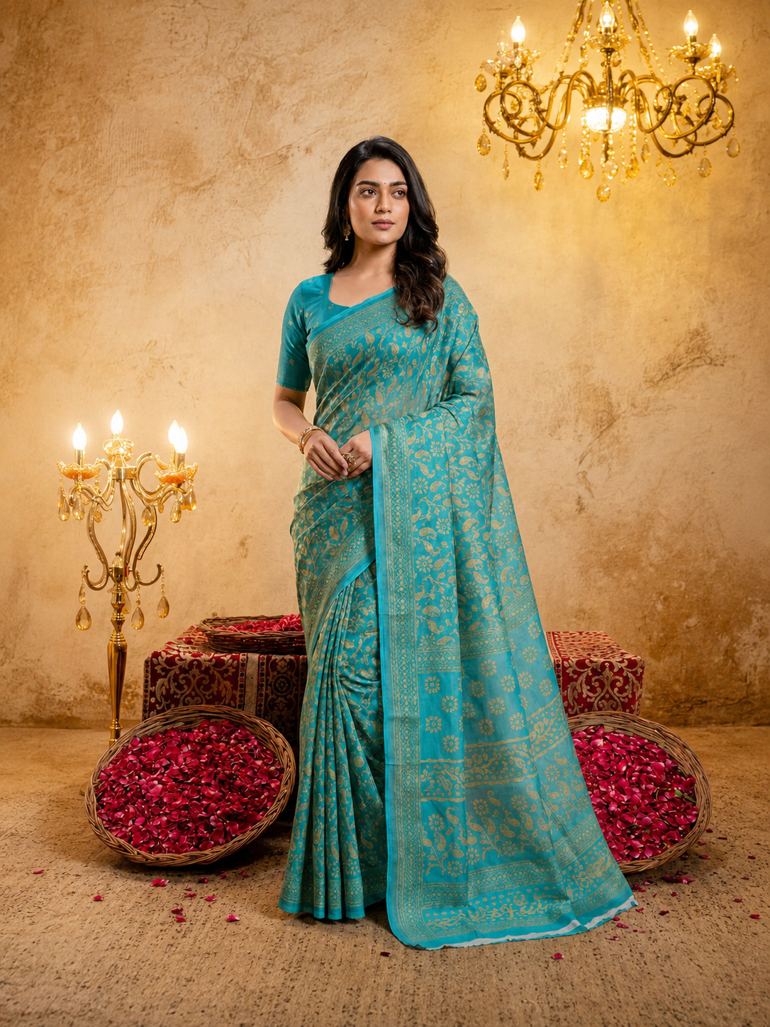 Sea Blue Cotten Saree with Golden Paisley Prints