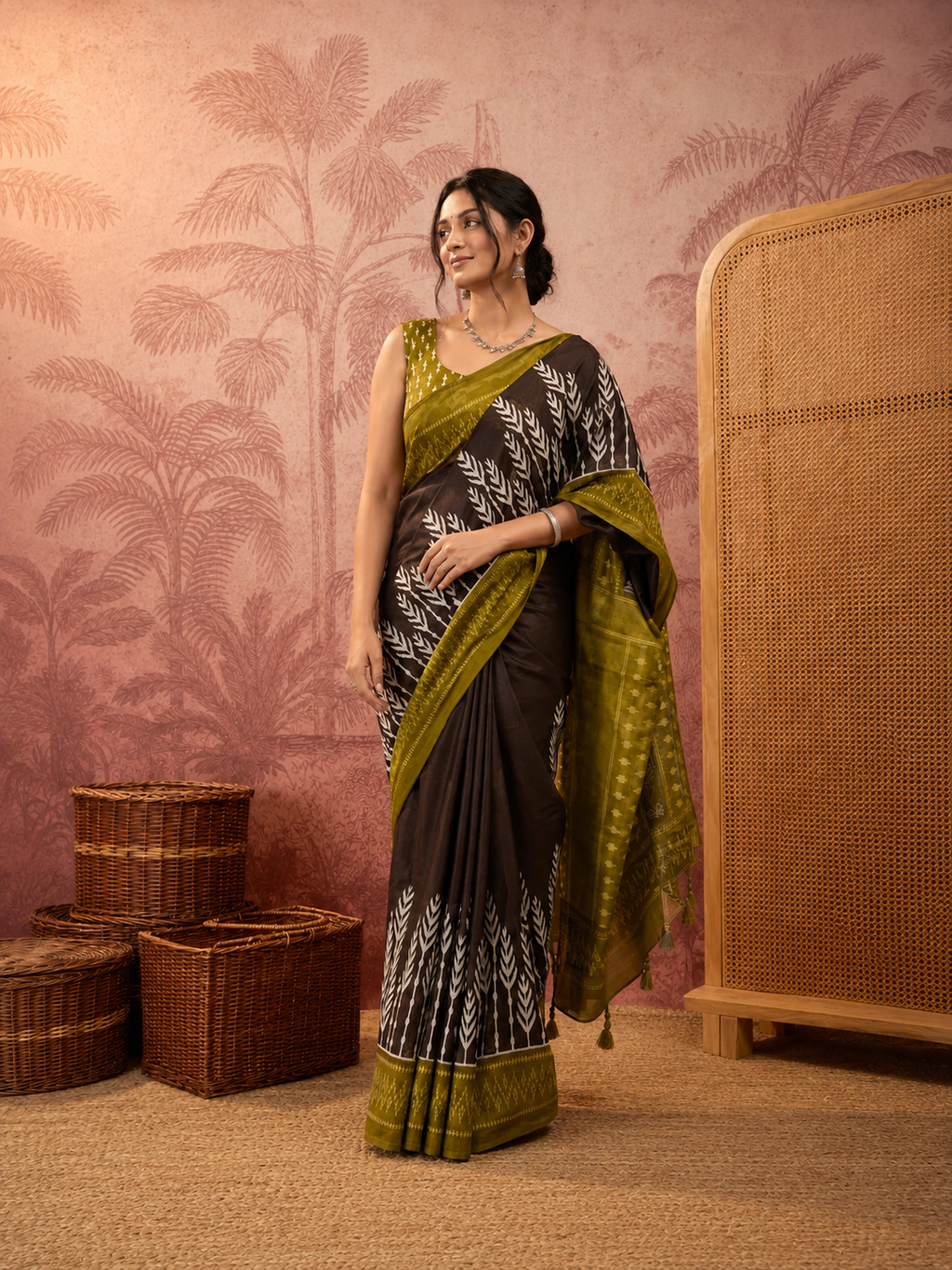 Traditional Ethnic Design Brown Printed Saree