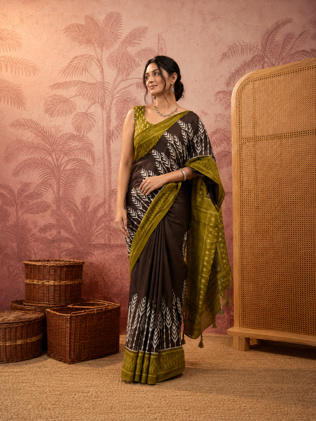 Traditional Ethnic Design Brown Printed Saree