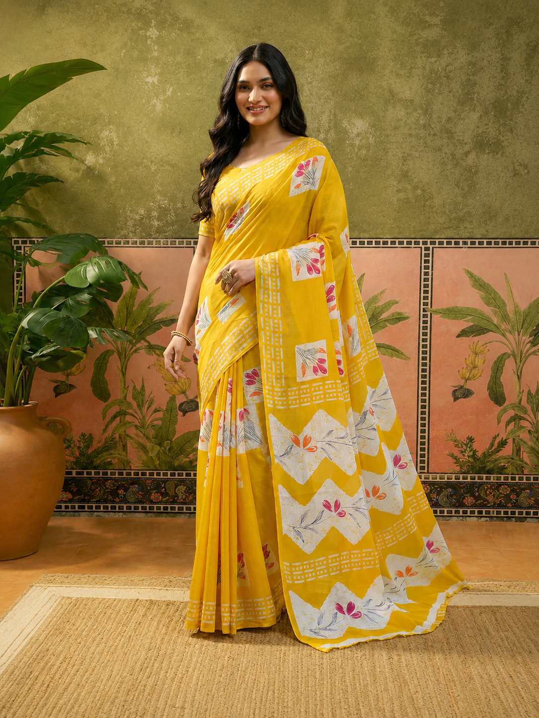 Olive Green Batik Printed Mulmul Cotton Saree