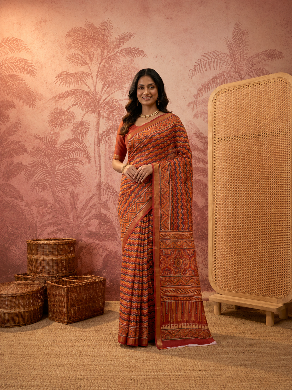 Pure Cotton Orange Geometric Pattern Printed Saree
