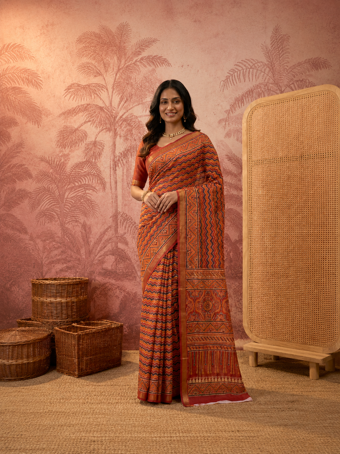 Pure Cotton Orange Geometric Pattern Printed Saree