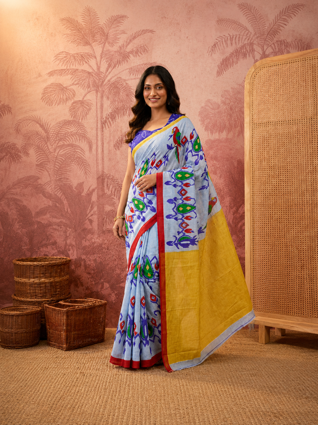 Pure Cotton Light Blue Saree with Multicolor Ikat Inspired Prints