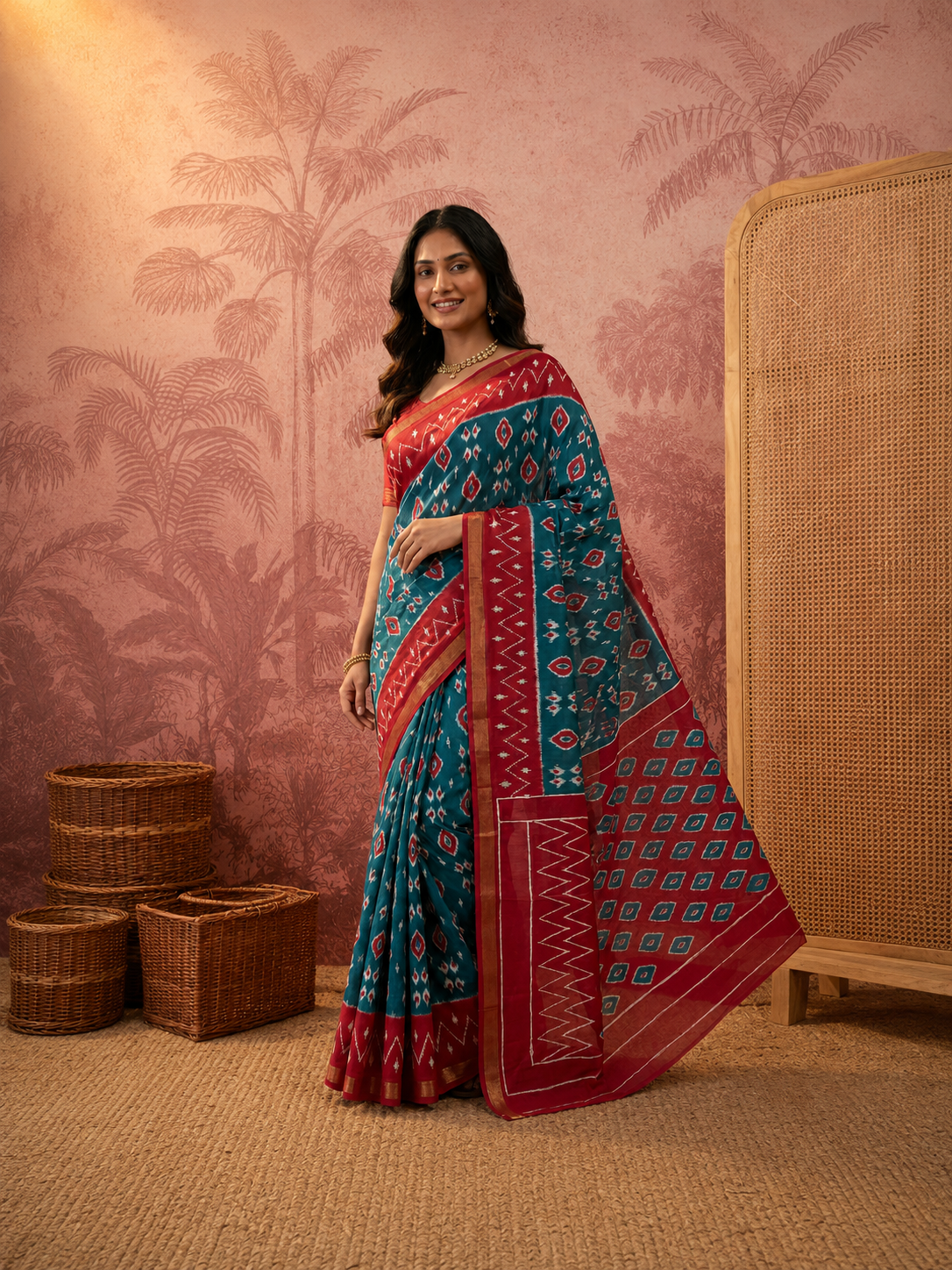 Stylish Pure Cotton Blue Printed Saree with Contrast Border
