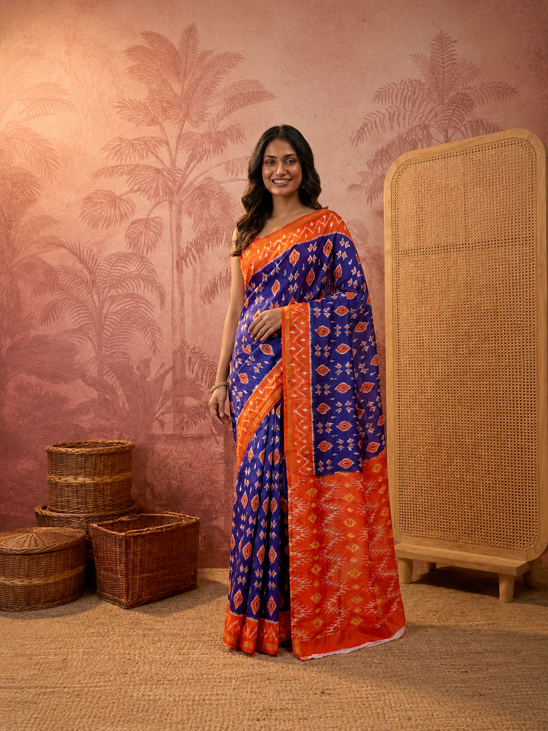 Pure Cotton Navy Blue & Orange Printed Saree with Contrast Border