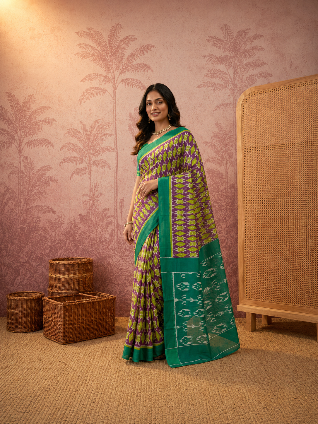 Stylish Pure Cotton Green & Purple Printed Saree with Contrast Pallu