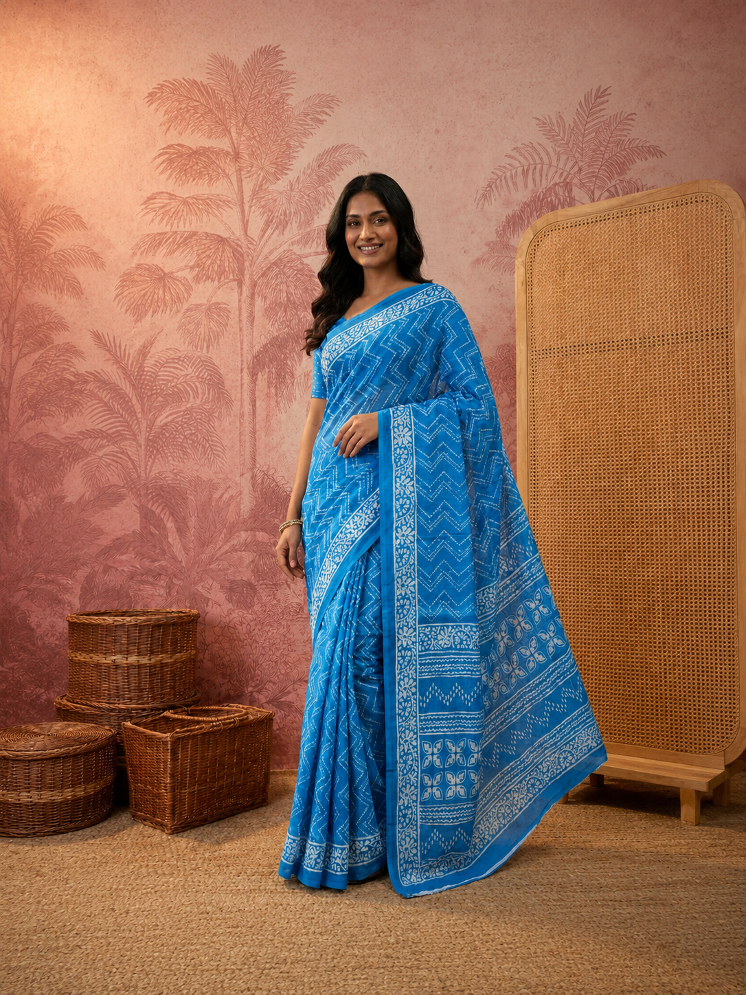 Elegant Pure Cotton Blue Printed Saree with White Ethnic Design