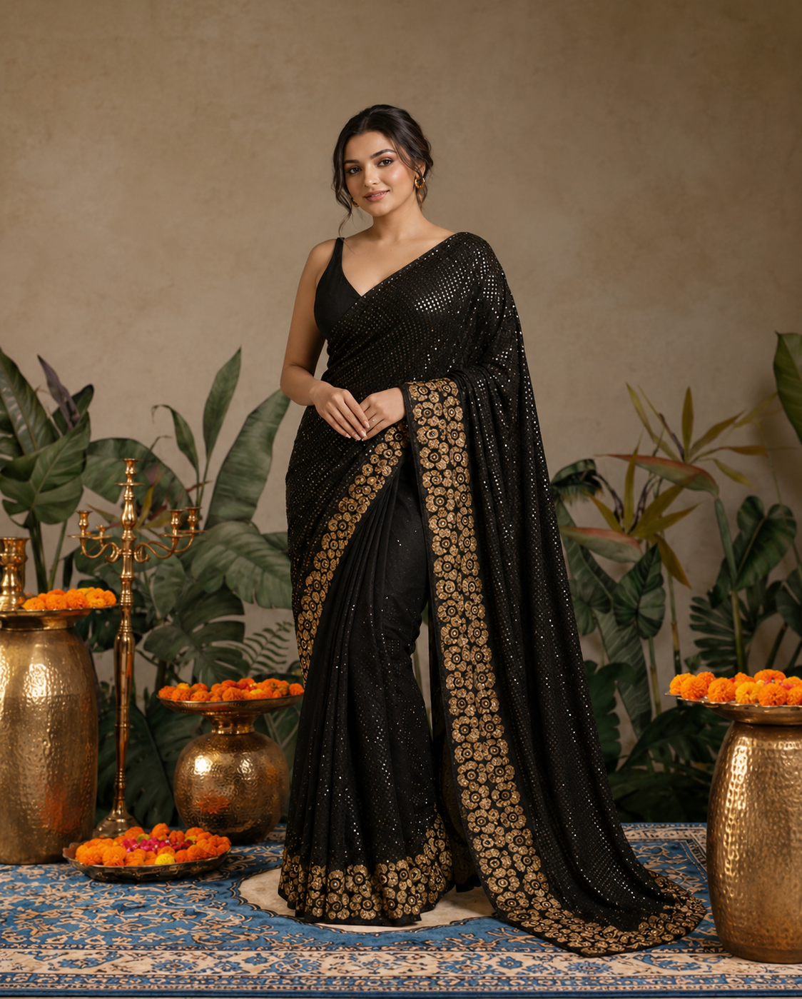 Glamorous Black Sequin Saree with Floral Embellished Border