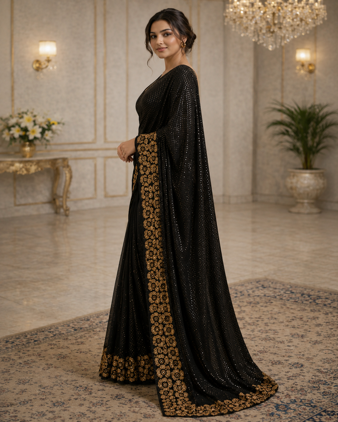 Glamorous Black Sequin Saree with Floral Embellished Border