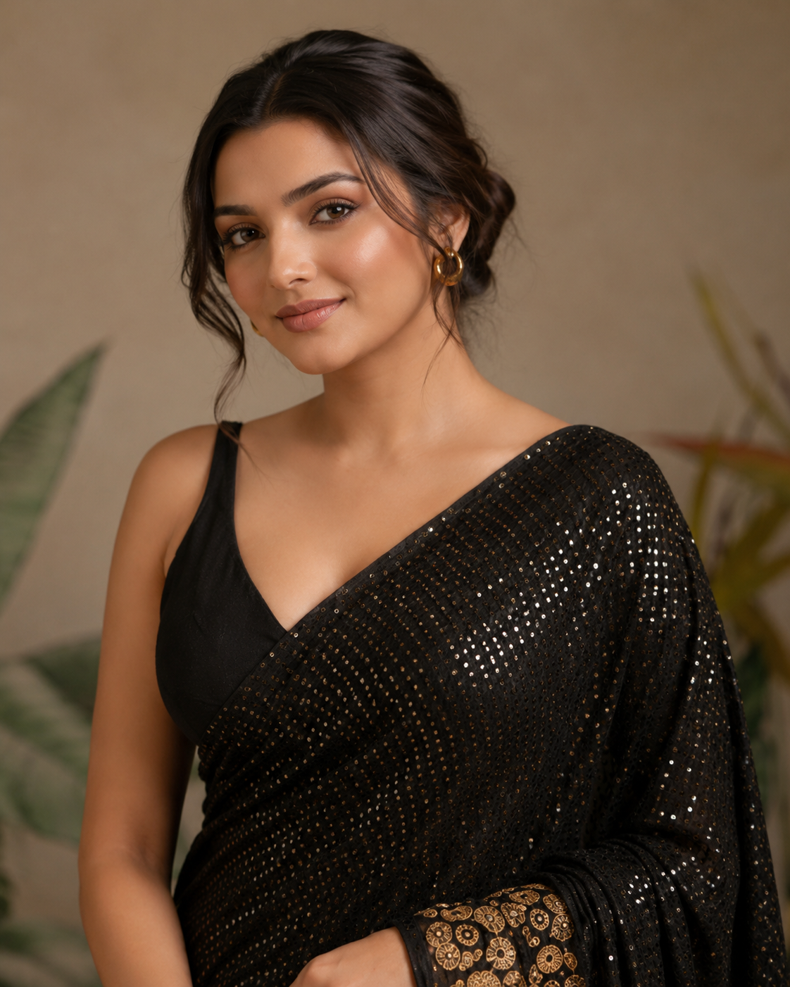 Glamorous Black Sequin Saree with Floral Embellished Border