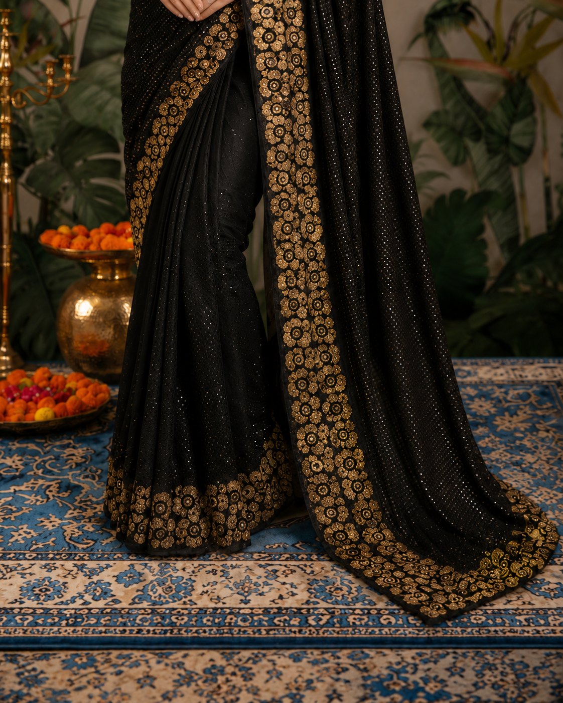 Glamorous Black Sequin Saree with Floral Embellished Border