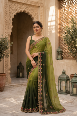 Elegant Olive Green Embroidered Saree with Floral Designer Border – Festive & Party Wear