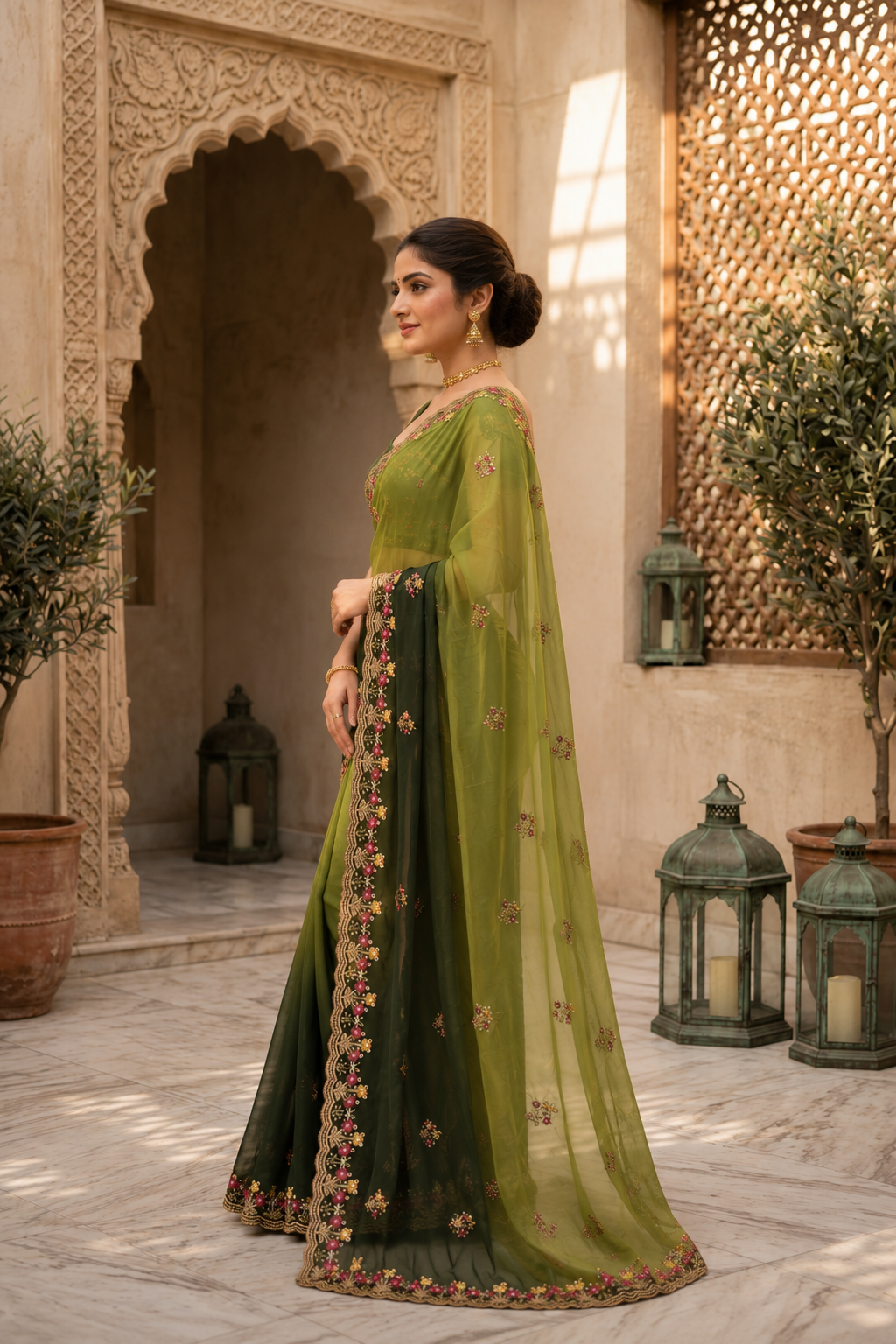 Elegant Olive Green Embroidered Saree with Floral Designer Border – Festive & Party Wear