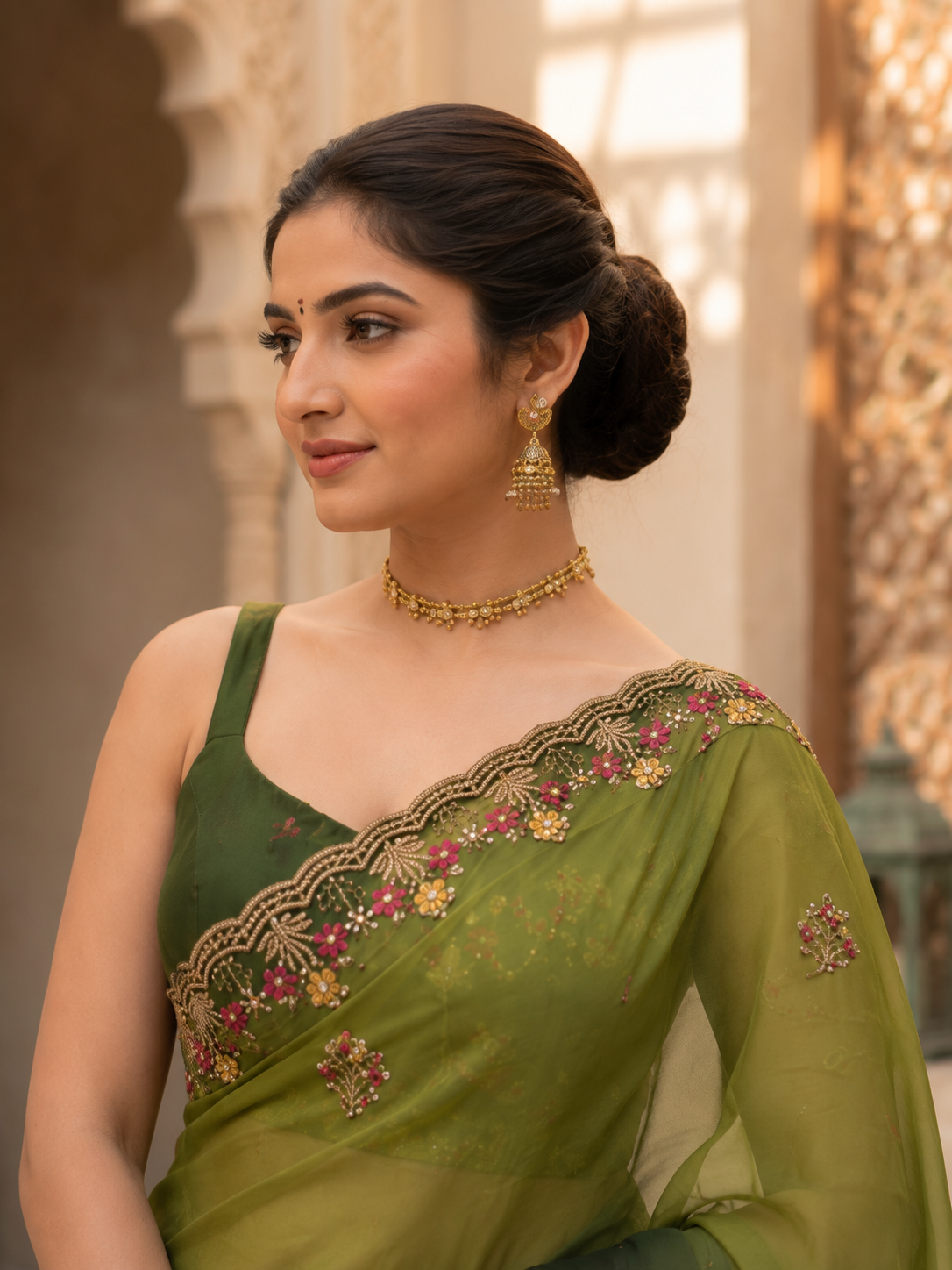 Elegant Olive Green Embroidered Saree with Floral Designer Border – Festive & Party Wear