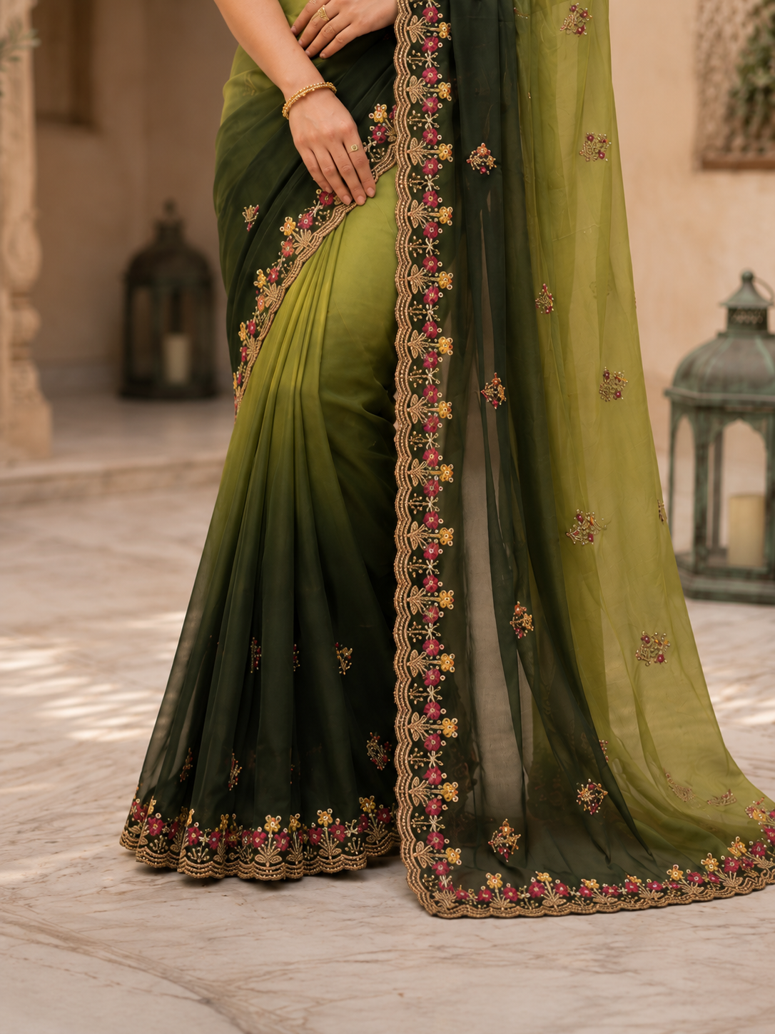 Elegant Olive Green Embroidered Saree with Floral Designer Border – Festive & Party Wear