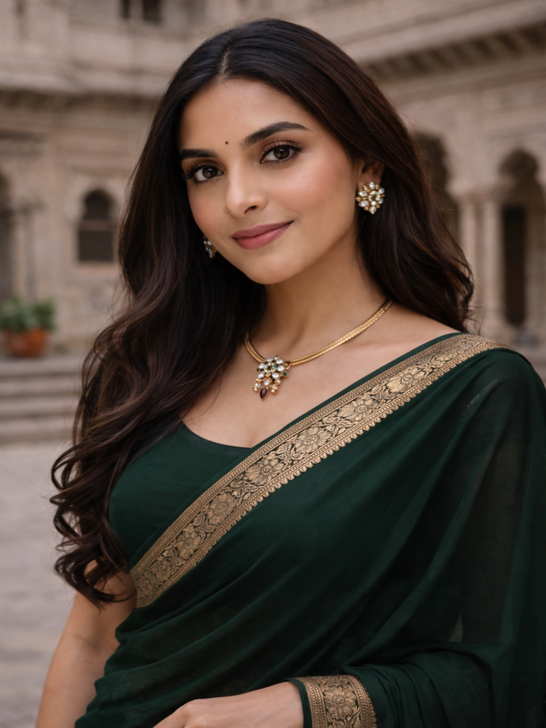 Elegant Dark Green Saree with Golden Designer Border – Party & Festive Wear