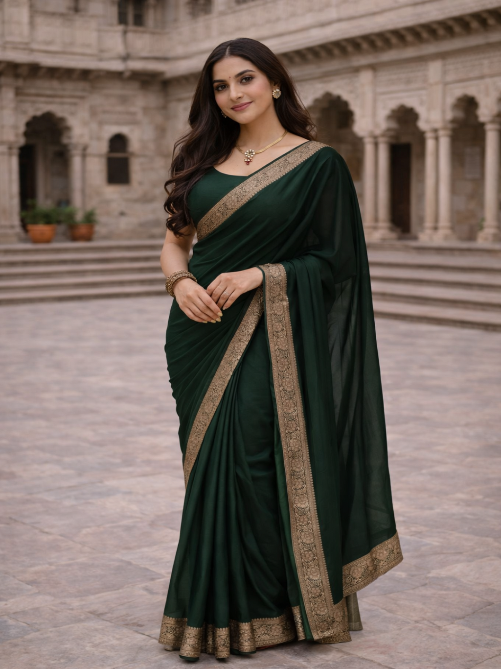 Elegant Dark Green Saree with Golden Designer Border – Party & Festive Wear