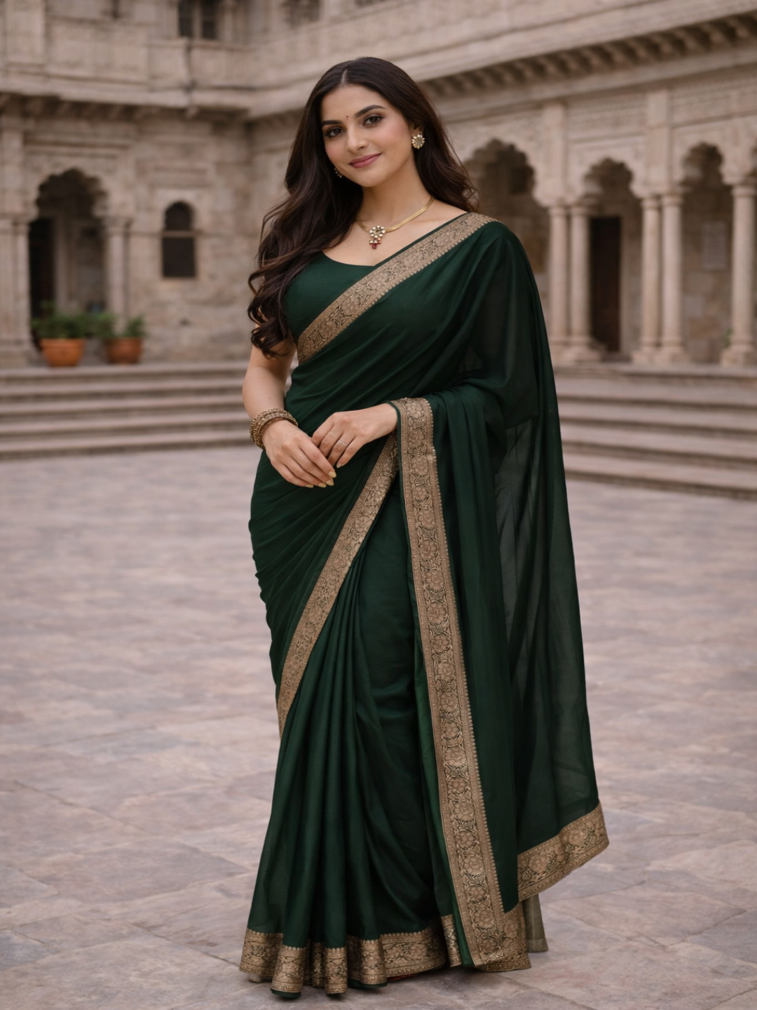Elegant Dark Green Saree with Golden Designer Border – Party & Festive Wear