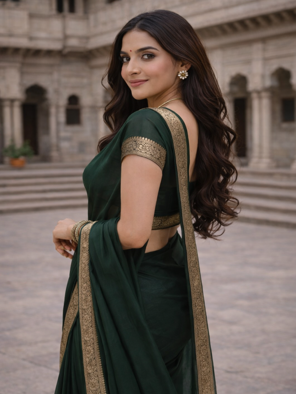 Elegant Dark Green Saree with Golden Designer Border – Party & Festive Wear