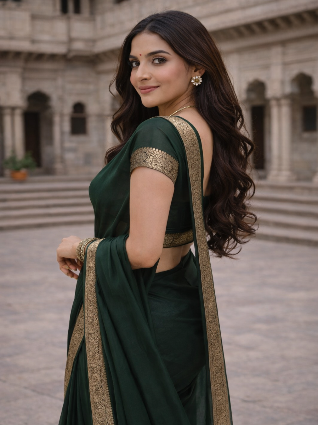 Elegant Dark Green Saree with Golden Designer Border – Party & Festive Wear