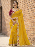 Elegant Mustard Yellow Embroidered Saree with Floral Designer Border – Festive & Party Wear