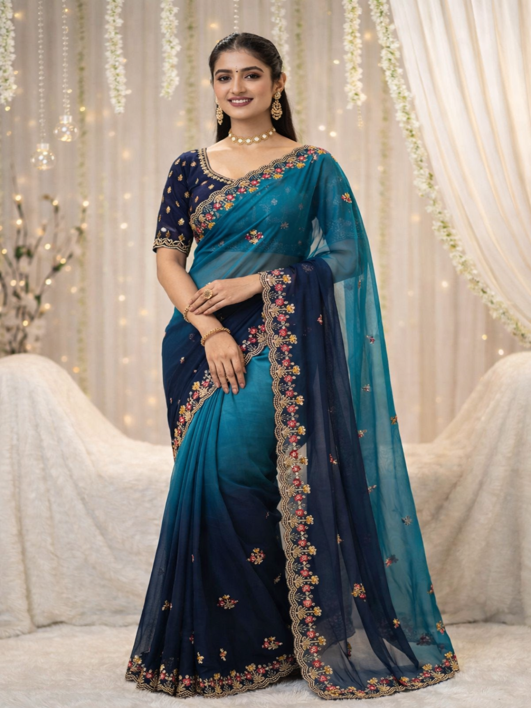 Elegant Olive Green Embroidered Saree with Floral Designer Border – Festive & Party Wear