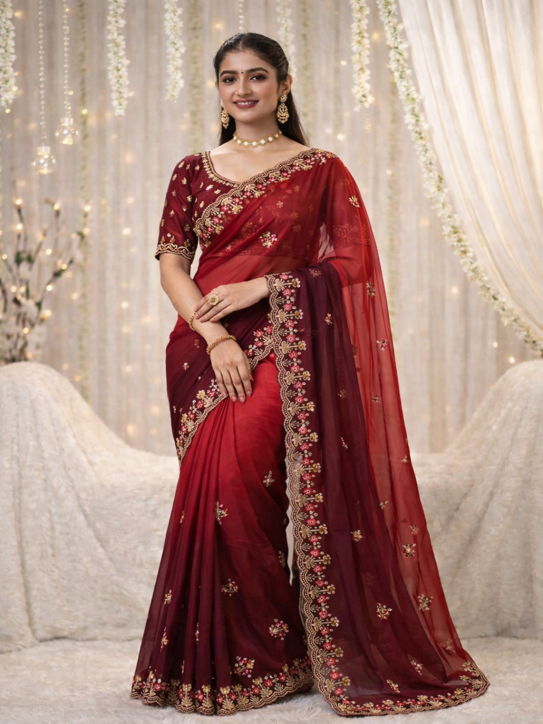 Elegant Olive Green Embroidered Saree with Floral Designer Border – Festive & Party Wear