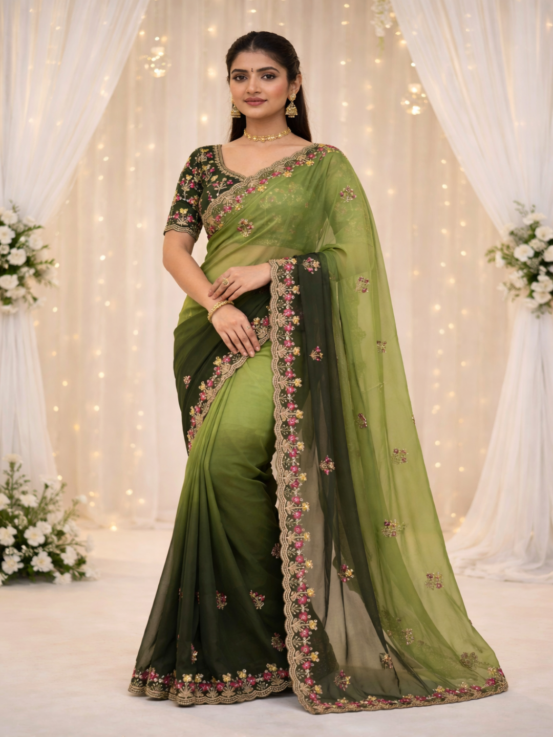 Elegant Olive Green Embroidered Saree with Floral Designer Border – Festive & Party Wear