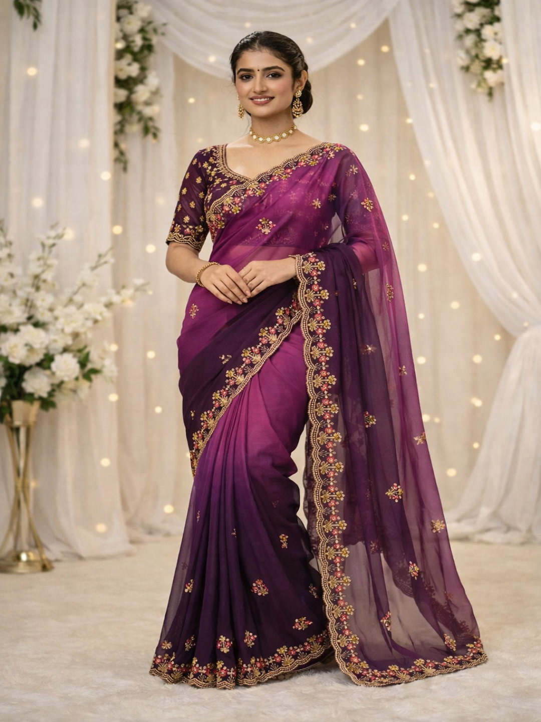 Elegant Olive Green Embroidered Saree with Floral Designer Border – Festive & Party Wear