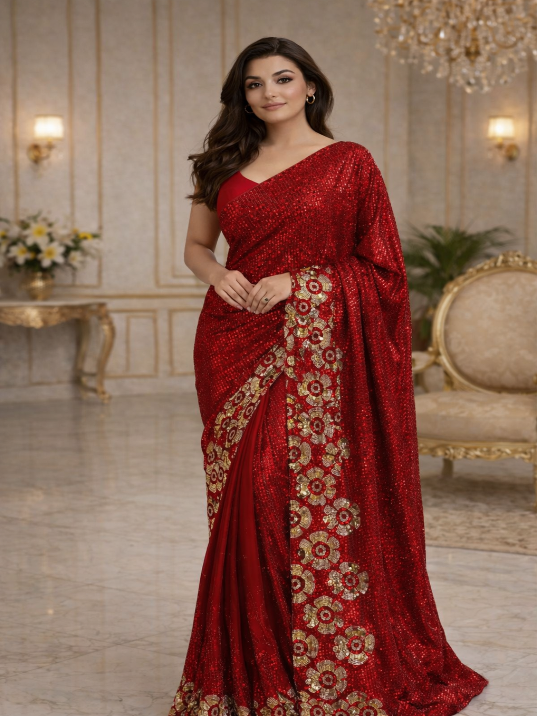 Glamorous Black Sequin Saree with Floral Embellished Border