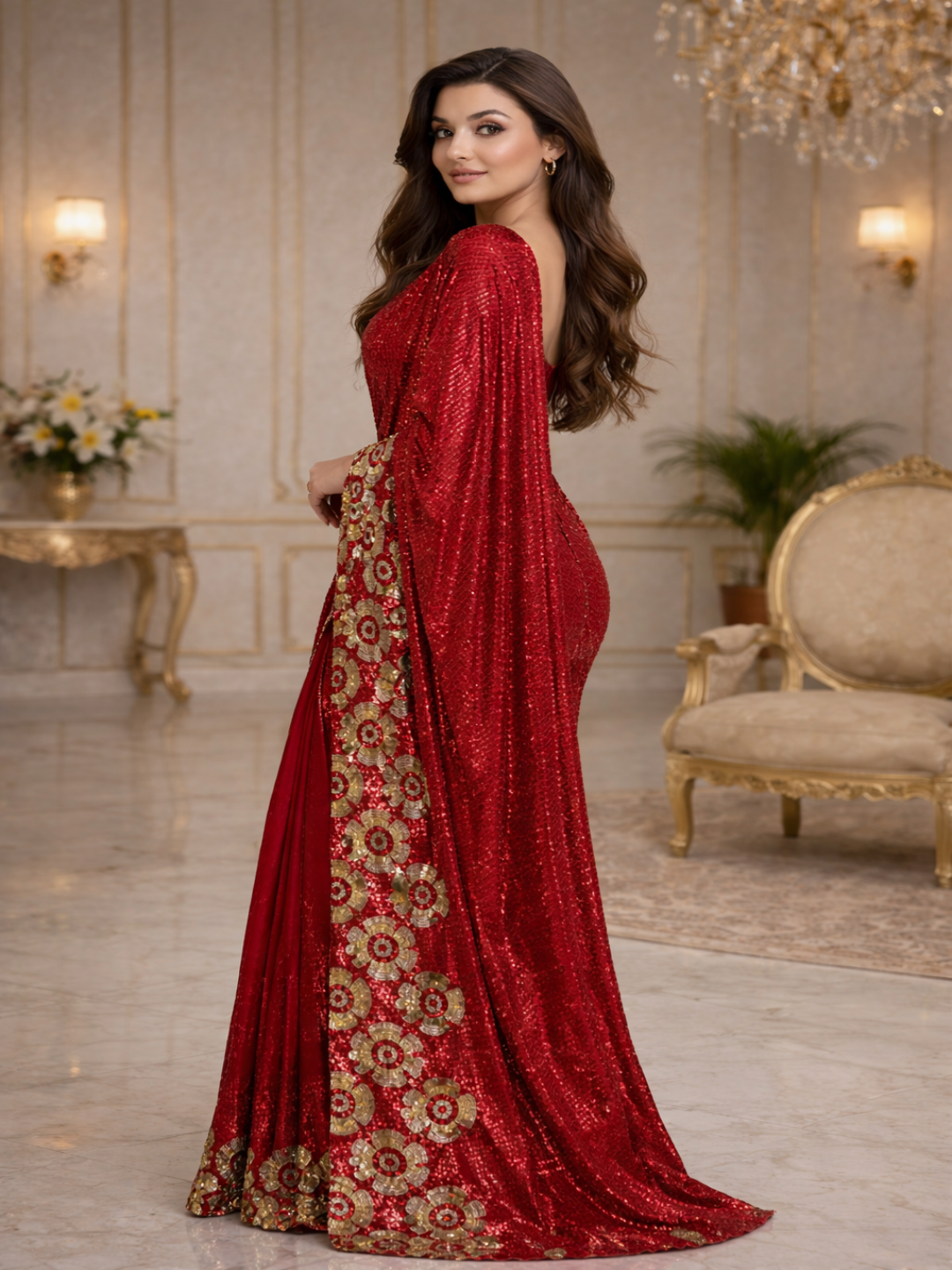Glamorous Black Sequin Saree with Floral Embellished Border