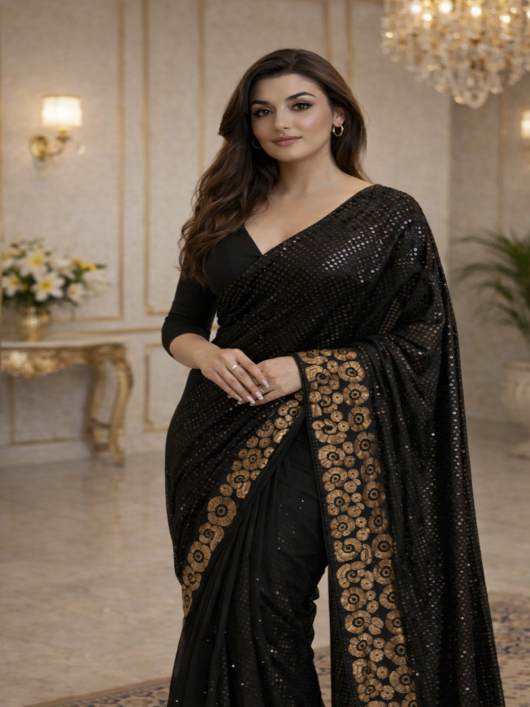 Glamorous Black Sequin Saree with Floral Embellished Border