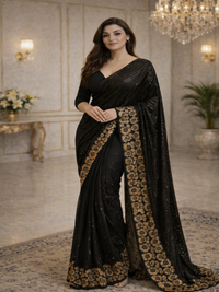 Glamorous Black Sequin Saree with Floral Embellished Border