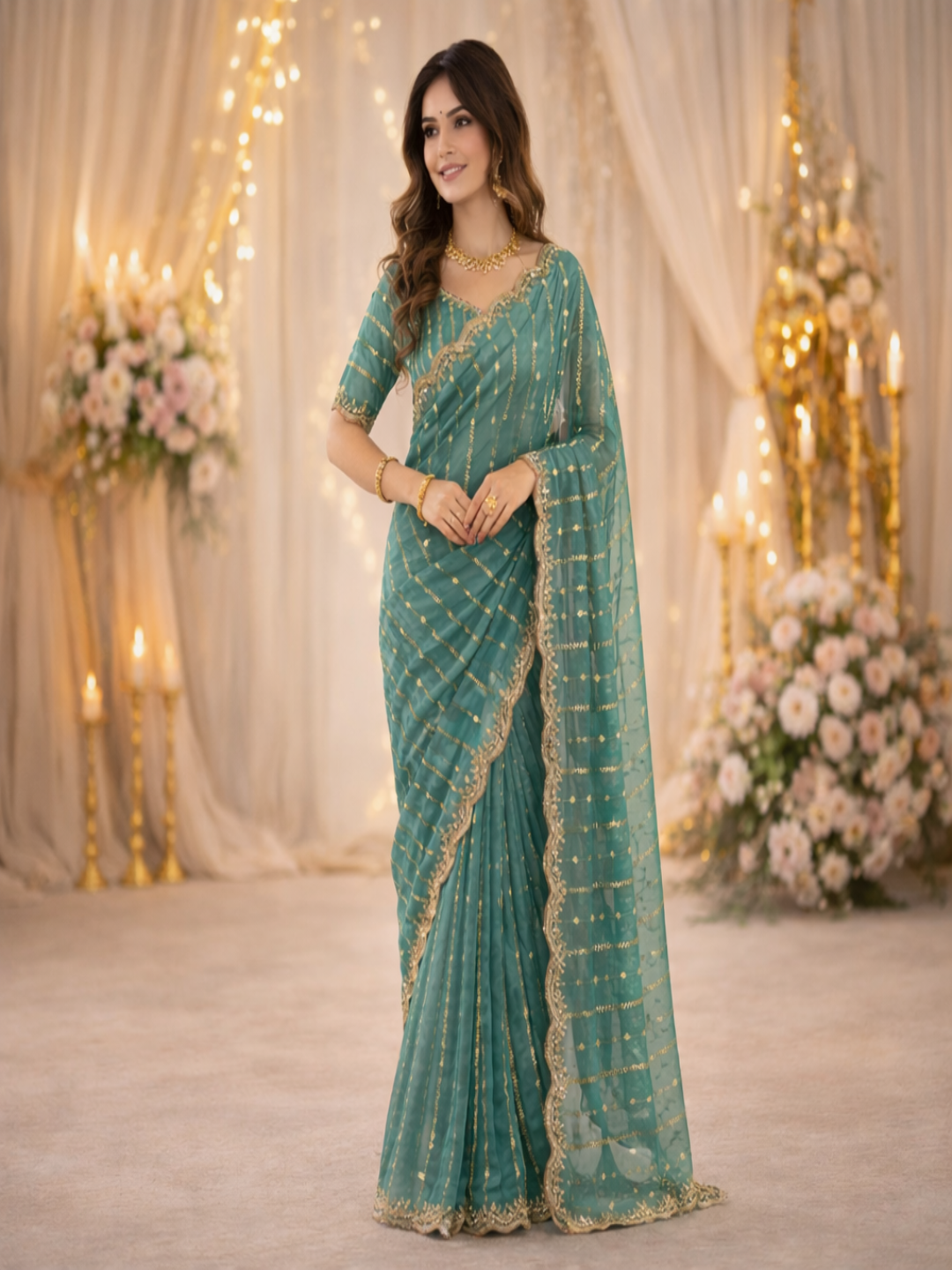 Maroon Embroidered Georgette Saree with Golden Zari Border