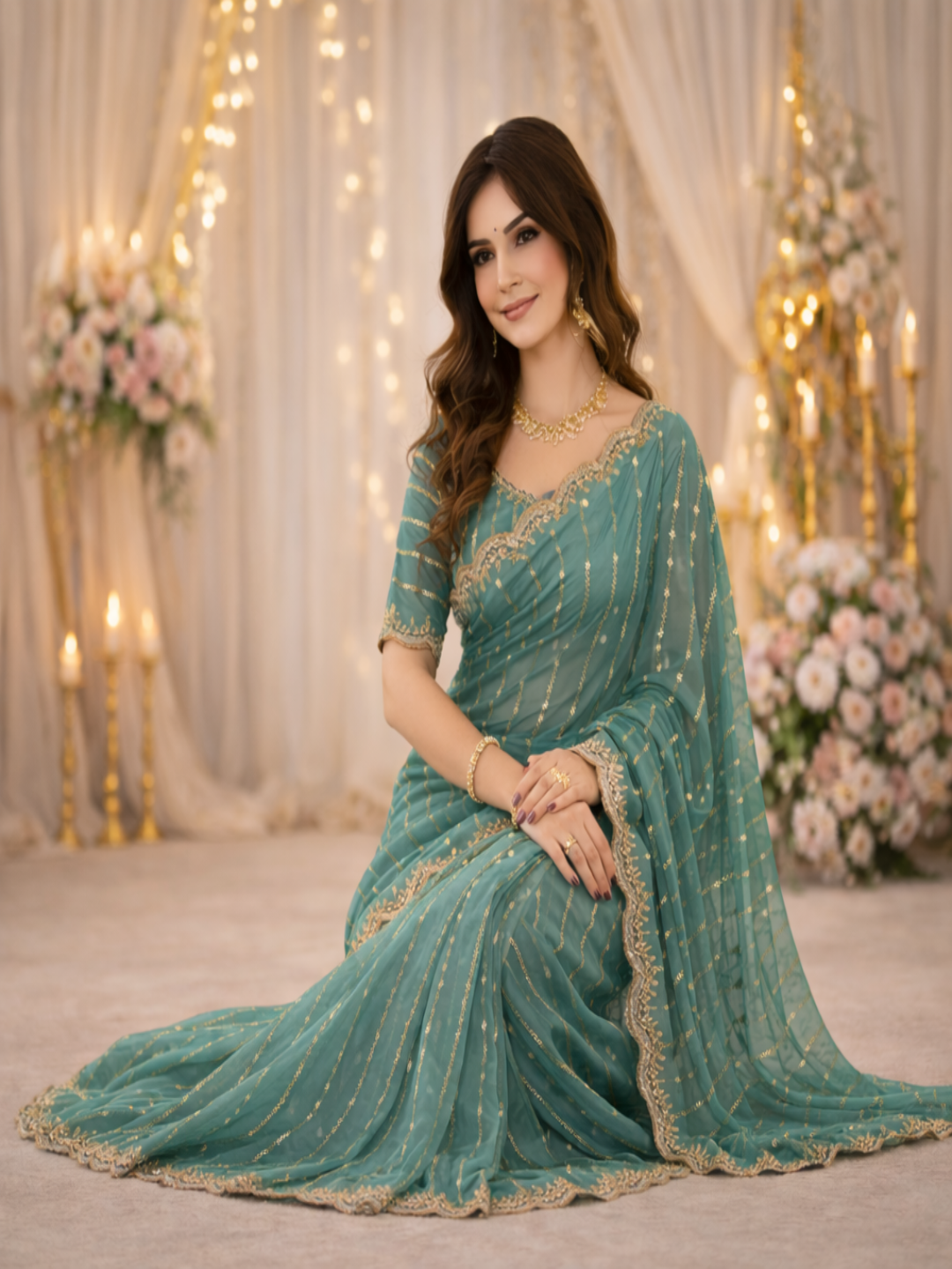 Maroon Embroidered Georgette Saree with Golden Zari Border