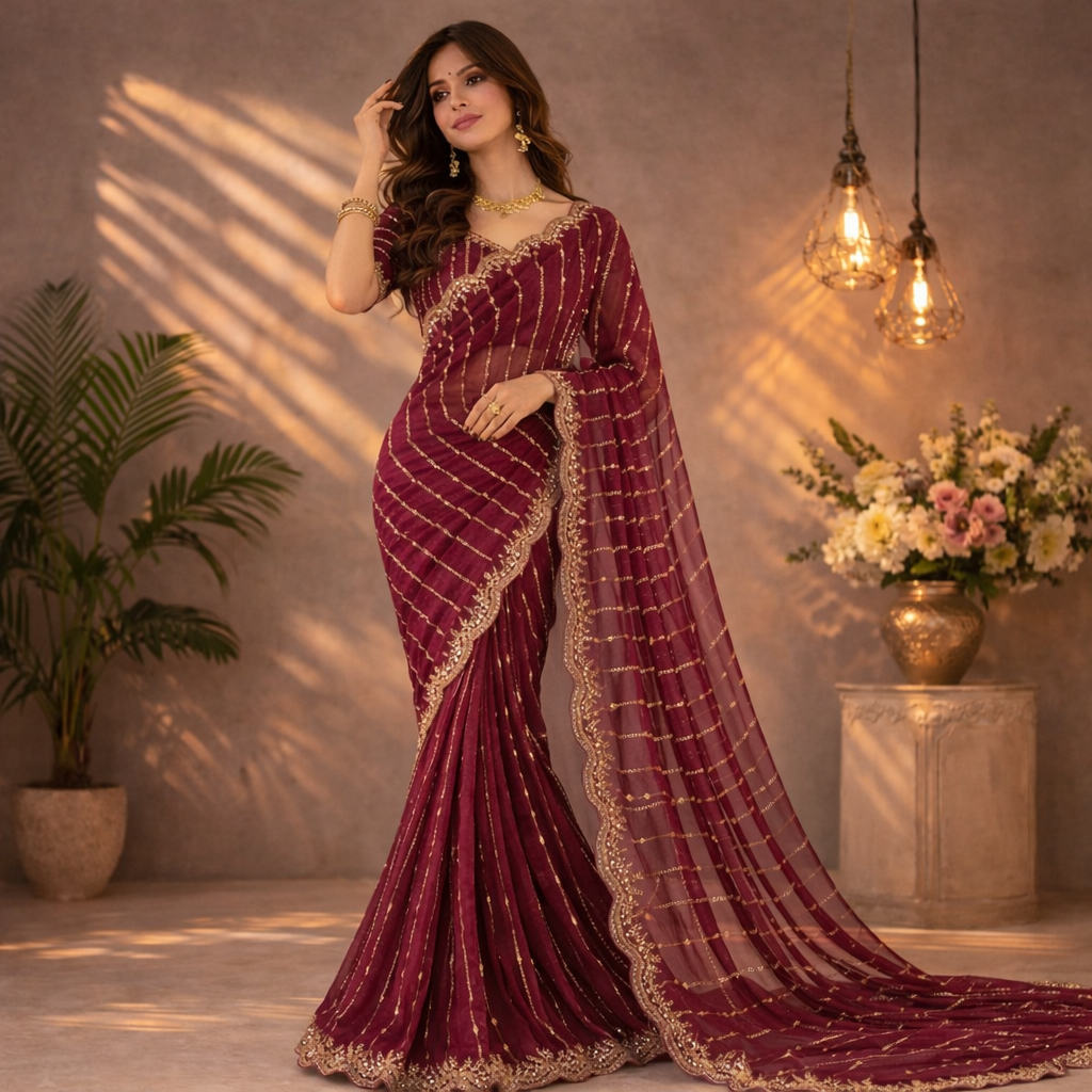 Maroon Embroidered Georgette Saree with Golden Zari Border