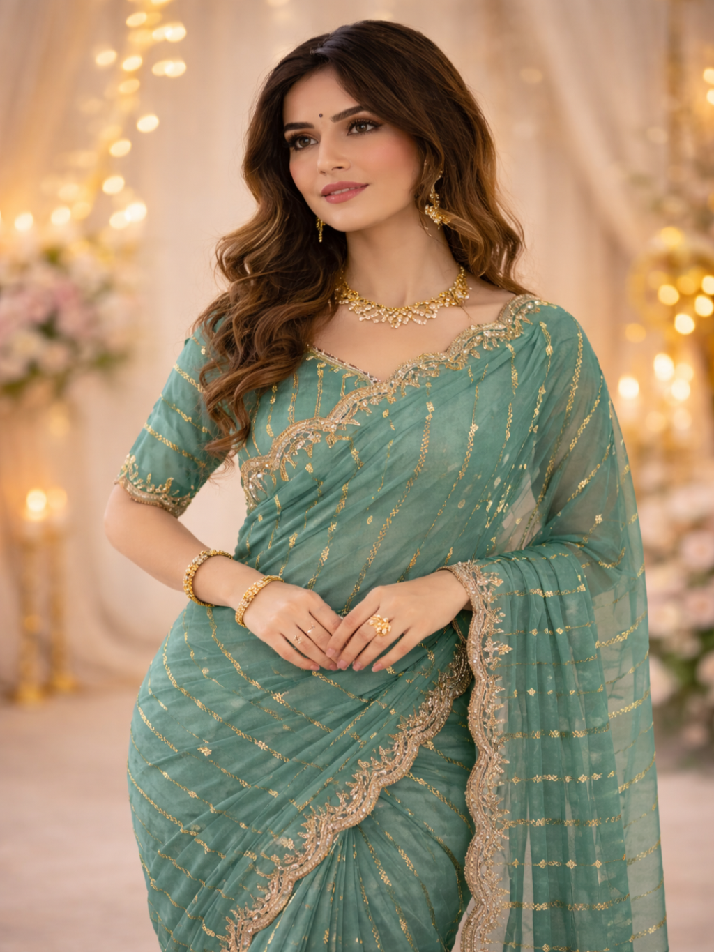 Maroon Embroidered Georgette Saree with Golden Zari Border