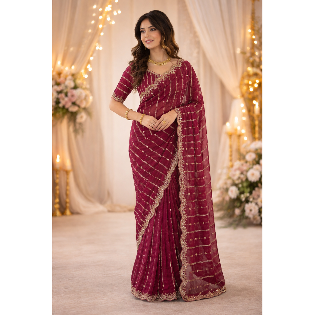 Maroon Embroidered Georgette Saree with Golden Zari Border