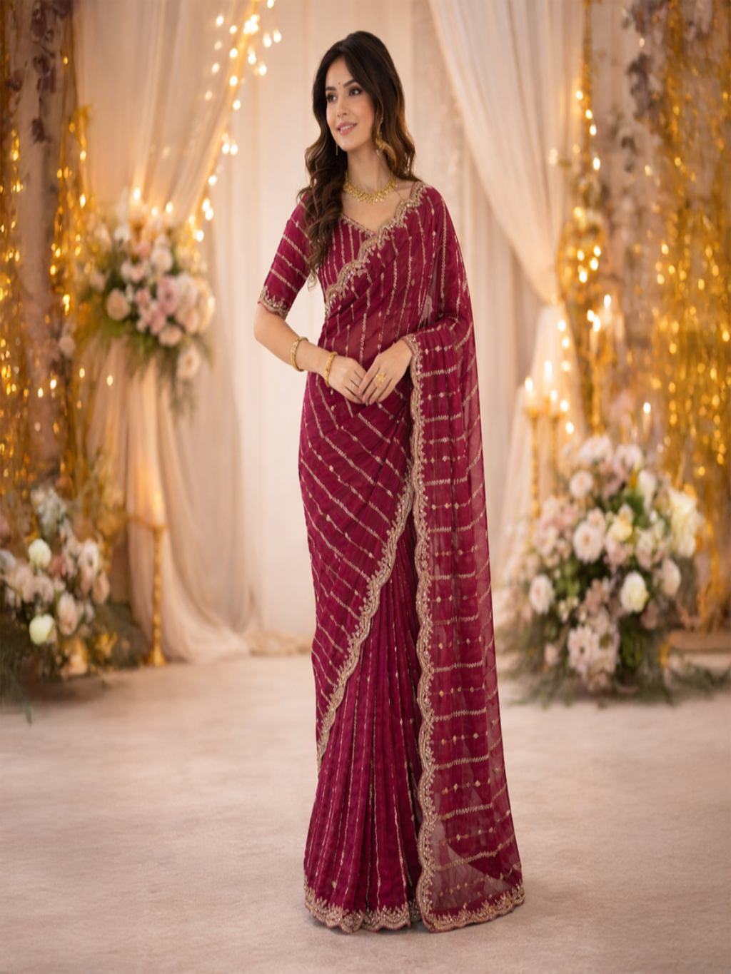 Maroon Embroidered Georgette Saree with Golden Zari Border
