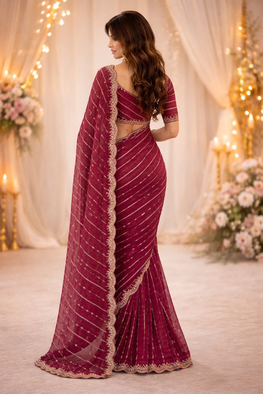 Maroon Embroidered Georgette Saree with Golden Zari Border