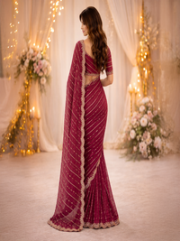 Maroon Embroidered Georgette Saree with Golden Zari Border