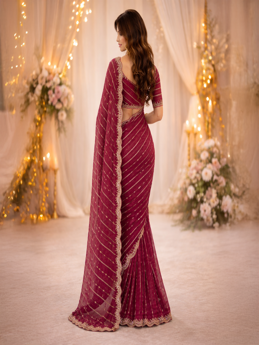 Maroon Embroidered Georgette Saree with Golden Zari Border