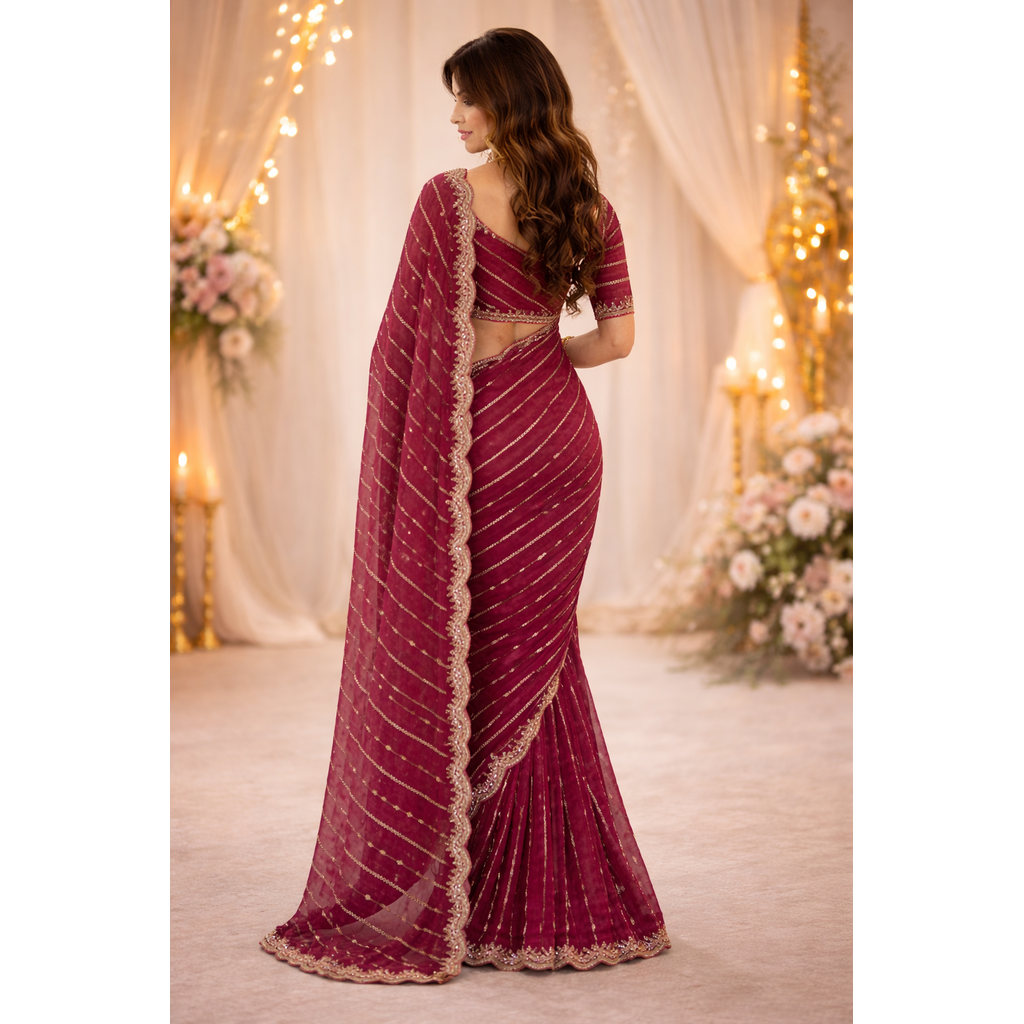 Maroon Embroidered Georgette Saree with Golden Zari Border
