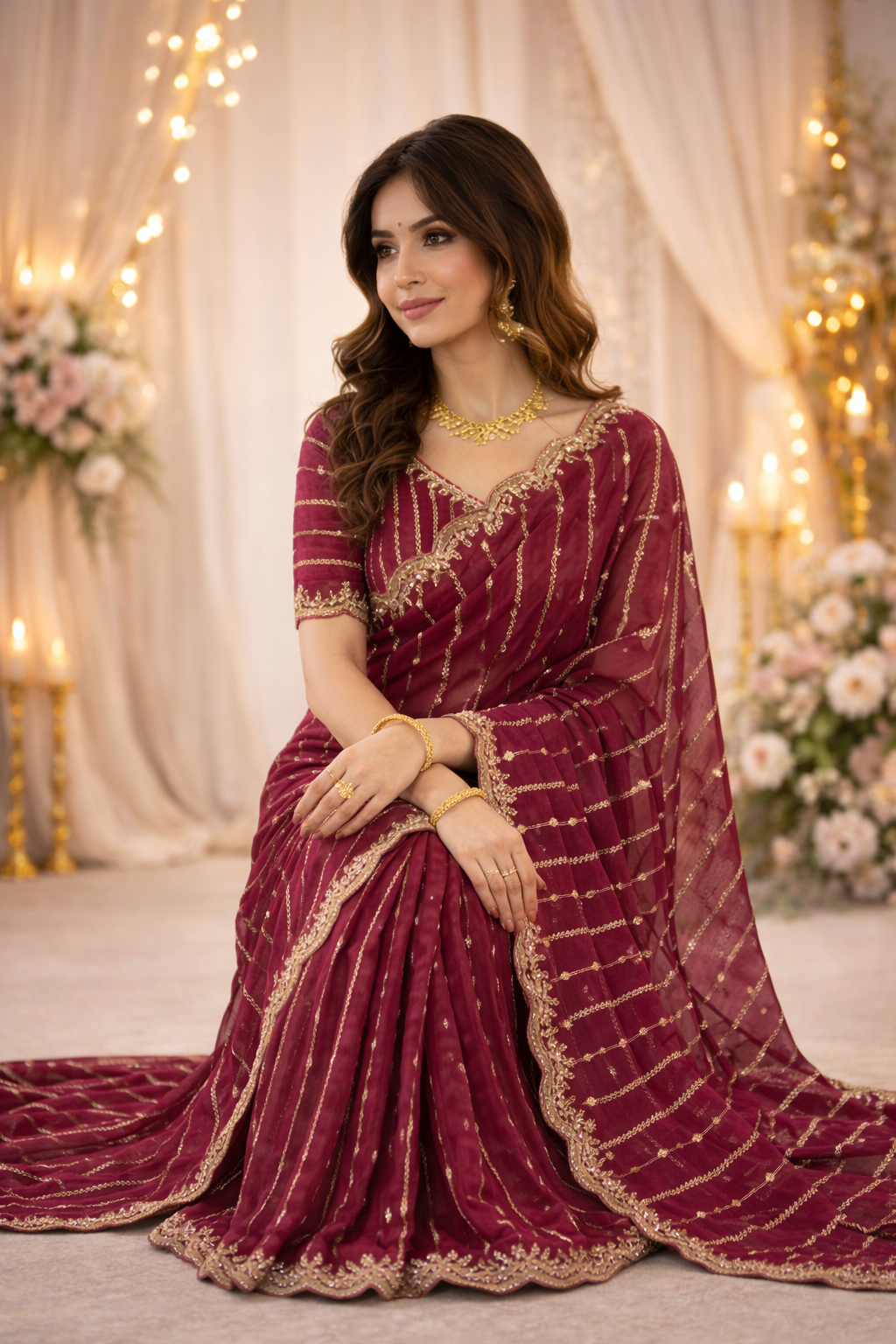 Maroon Embroidered Georgette Saree with Golden Zari Border
