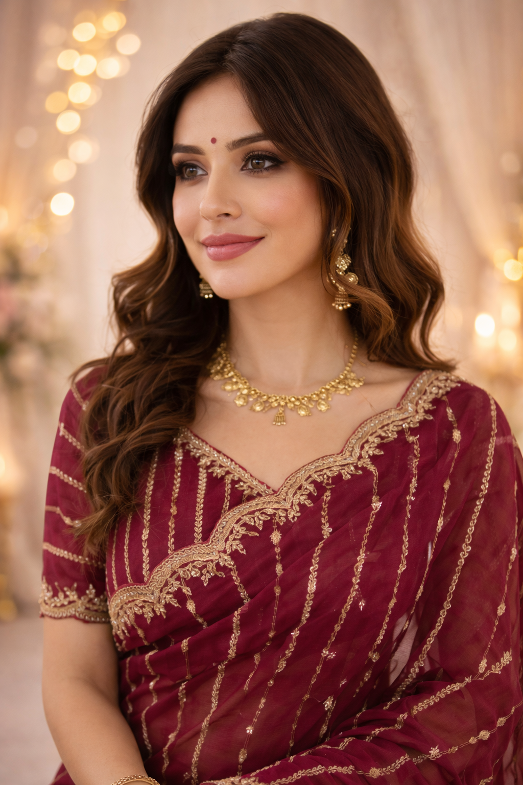 Maroon Embroidered Georgette Saree with Golden Zari Border