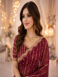 Maroon Embroidered Georgette Saree with Golden Zari Border