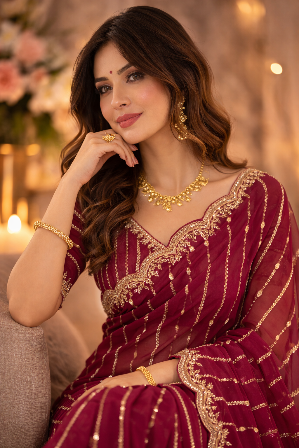 Maroon Embroidered Georgette Saree with Golden Zari Border